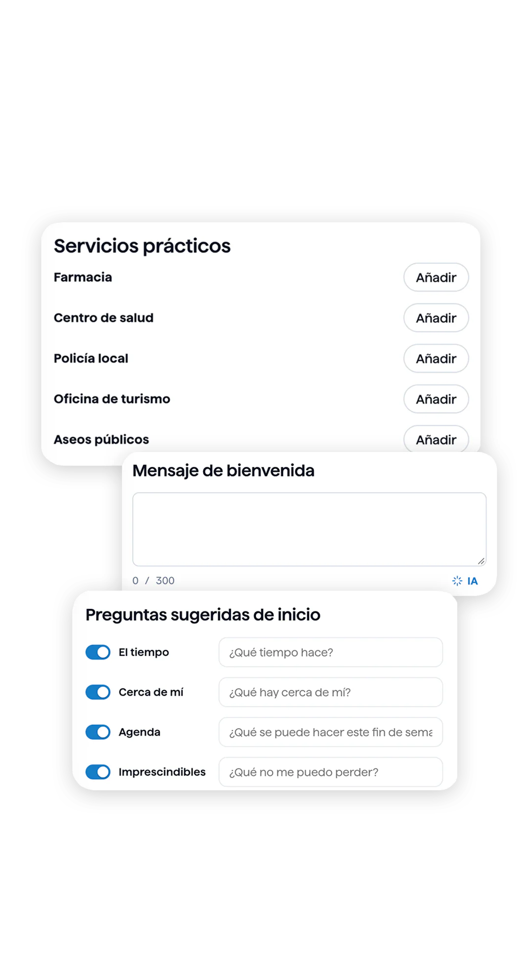 Ajustes del asistente en el panel: servicios prácticos, mensaje de bienvenida y preguntas sugeridas de inicio