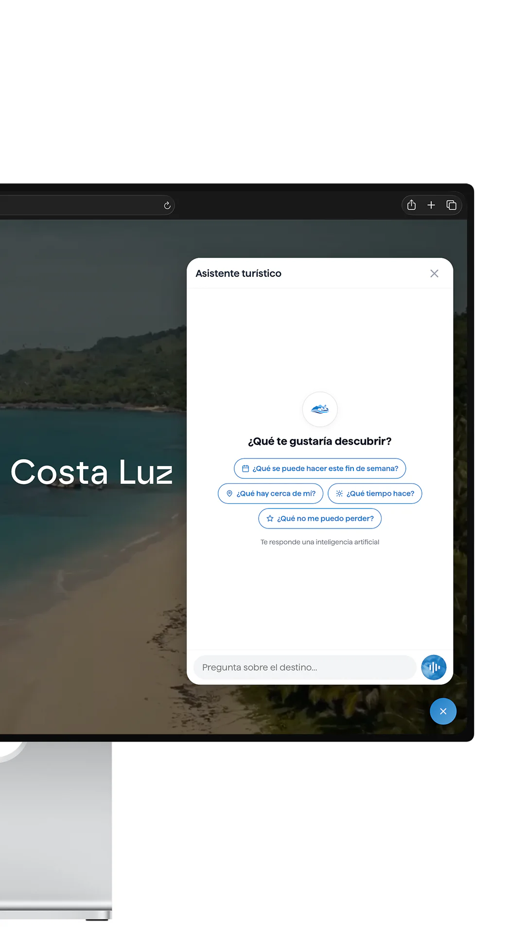 El asistente abierto dentro de la web del destino, en un ordenador de sobremesa