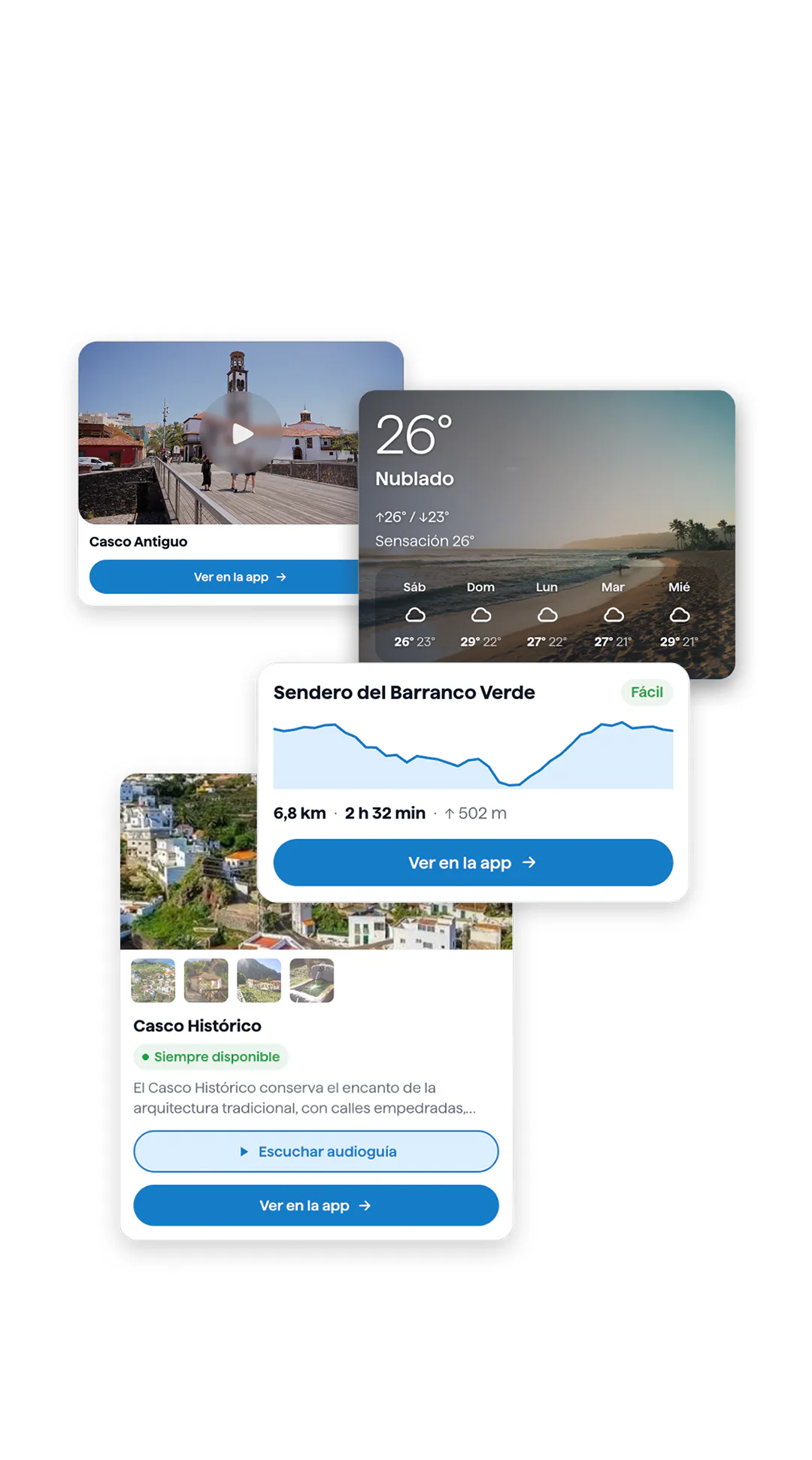 Tarjetas que devuelve el asistente: un punto con vídeo, el tiempo, un sendero con su perfil de altura y una ficha con audioguía