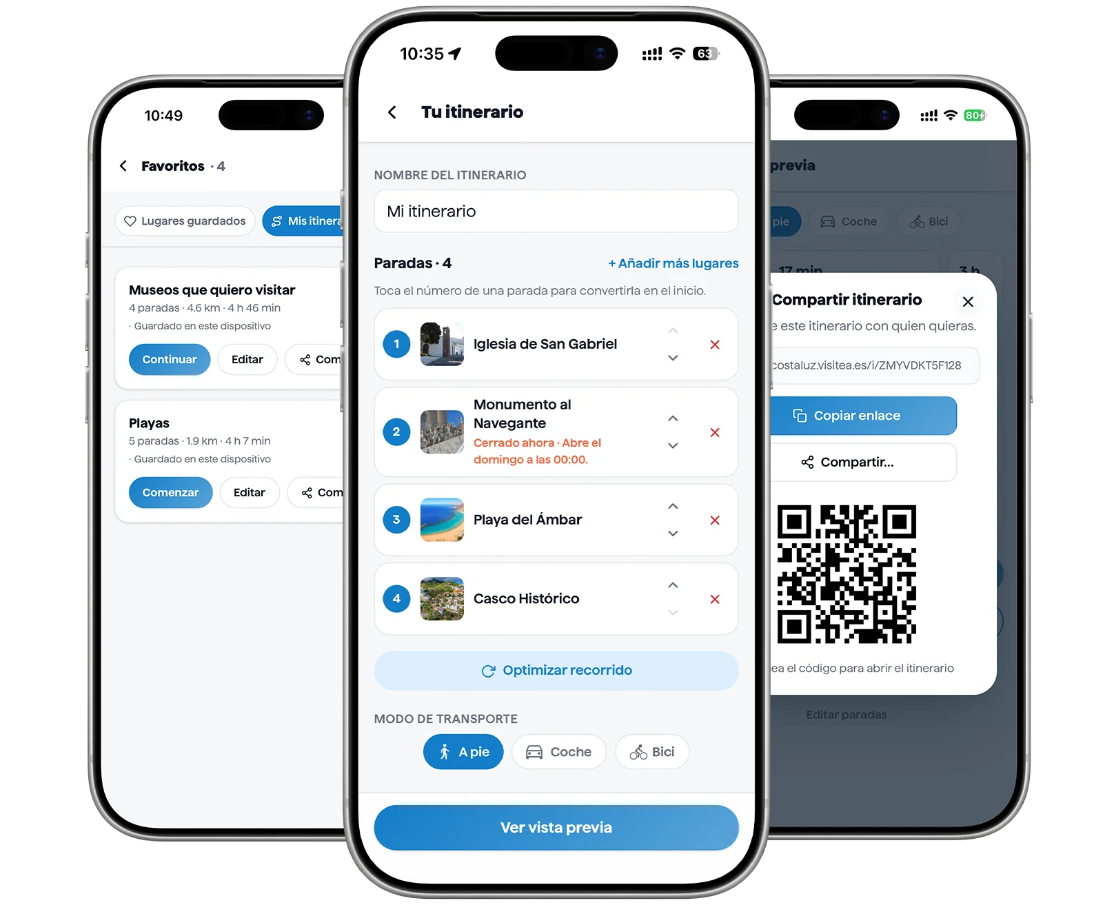 Tres moviles con la lista de favoritos, el itinerario propio y la pantalla para compartirlo