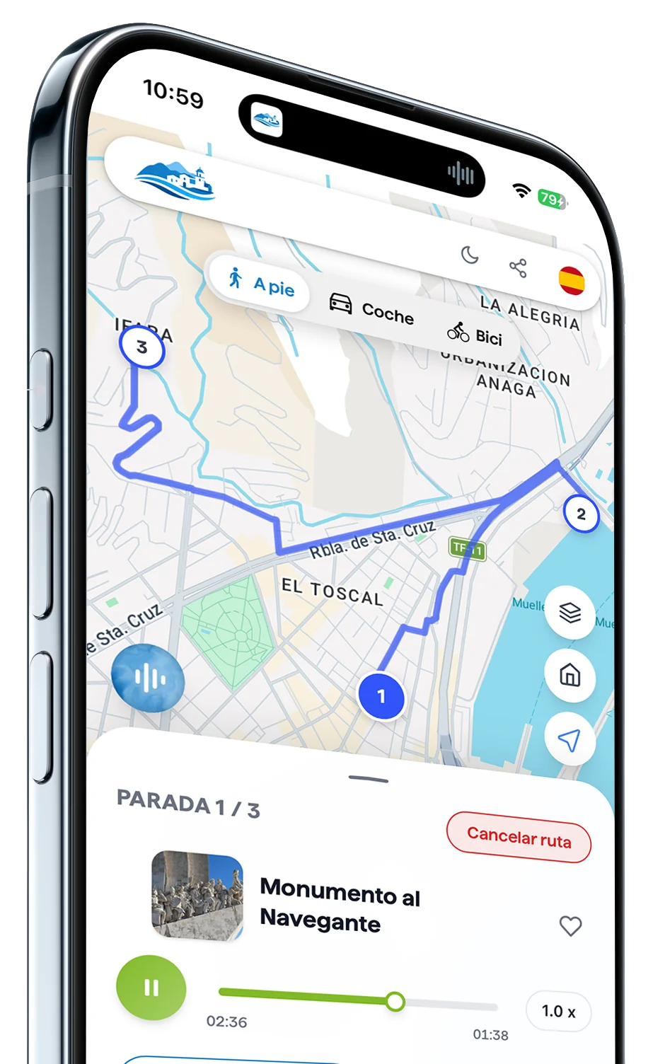 Movil guiando una ruta de tres paradas sobre el mapa del destino