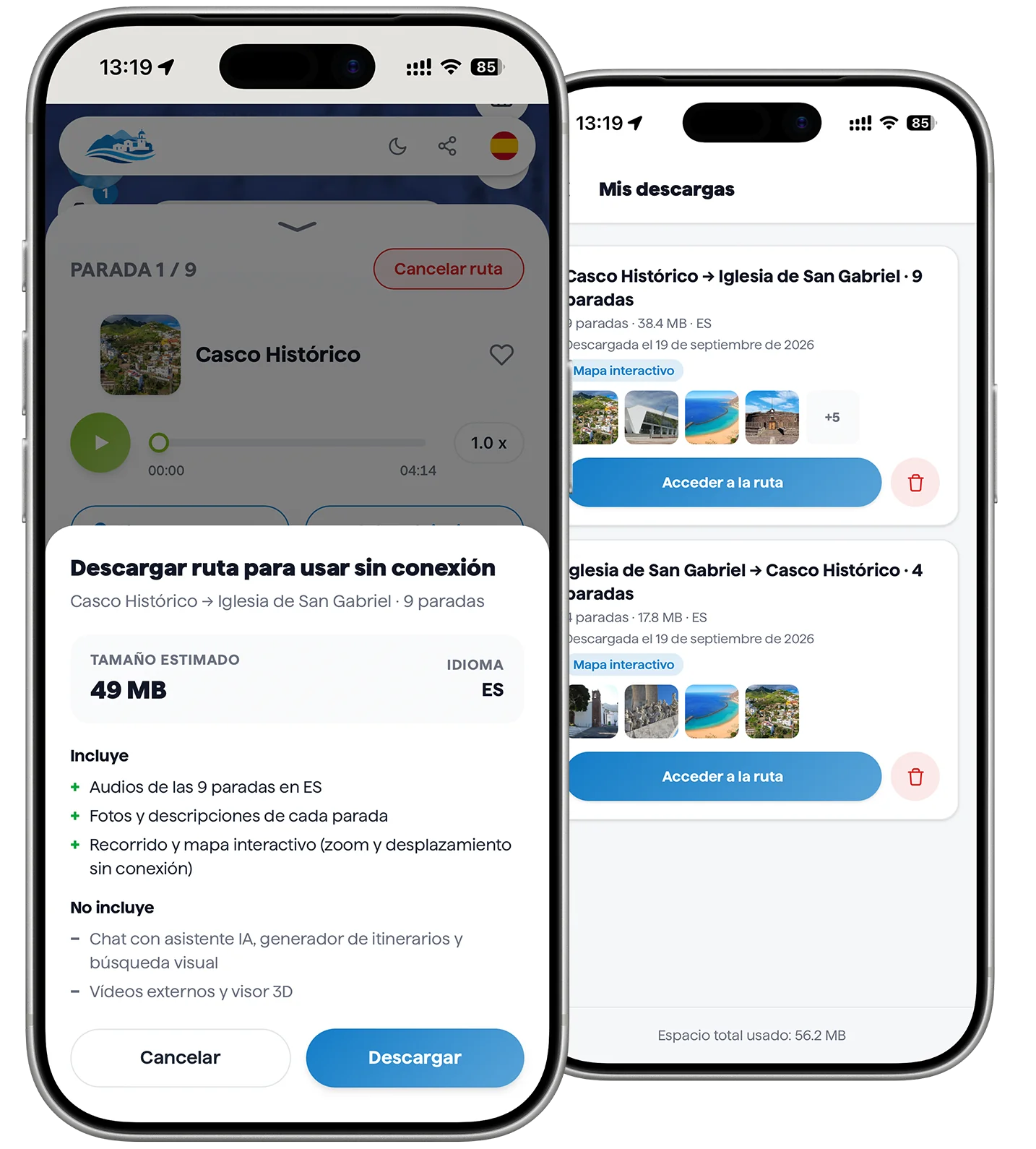 Dos moviles: la descarga de una ruta para usar sin conexion y la lista de rutas descargadas