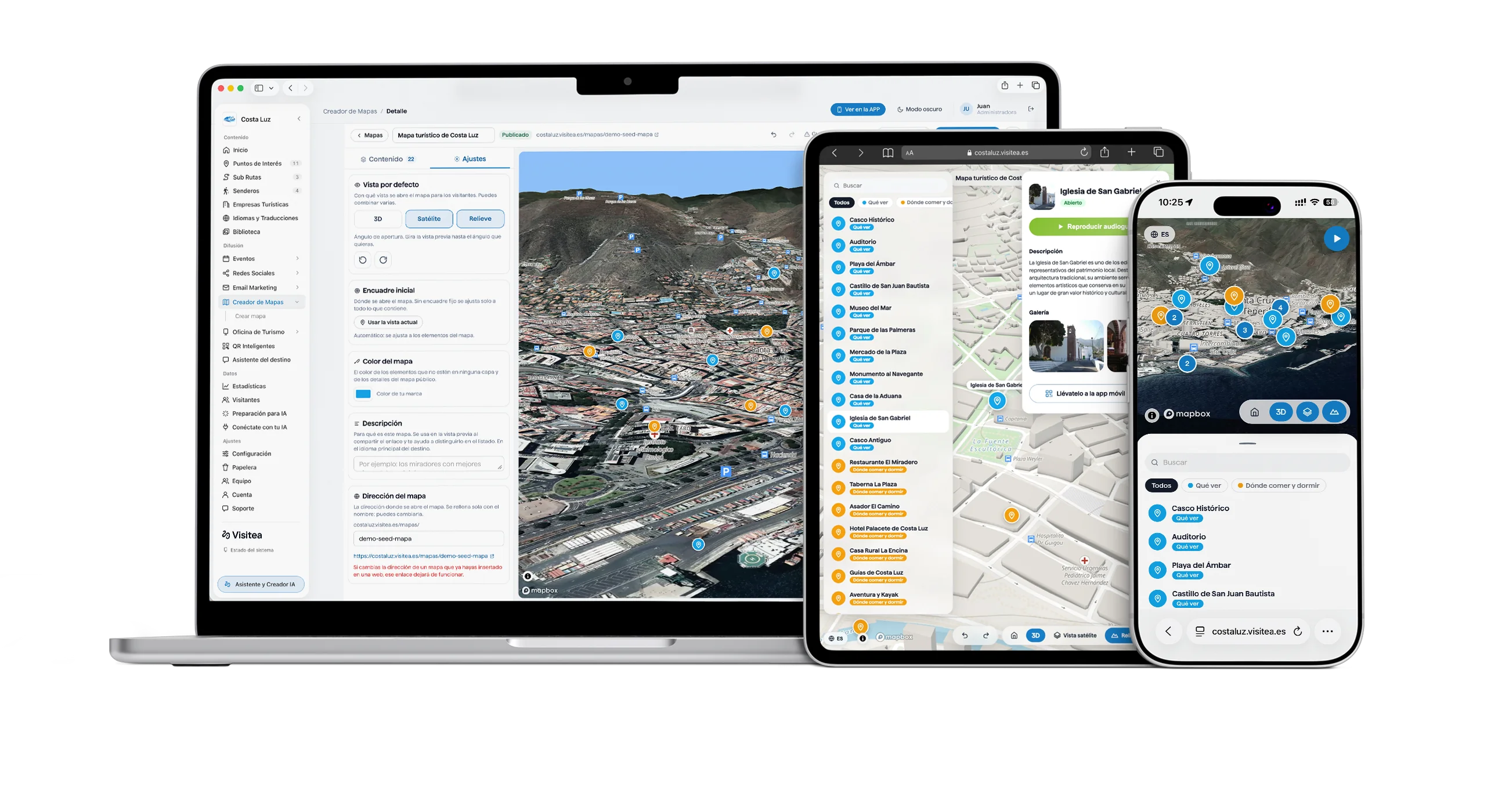 El creador de mapas de Visitea abierto en un portátil, una tableta y un móvil