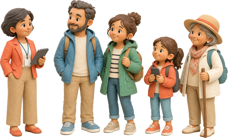 Marta, la técnica de turismo, y la familia que recorre la presentación